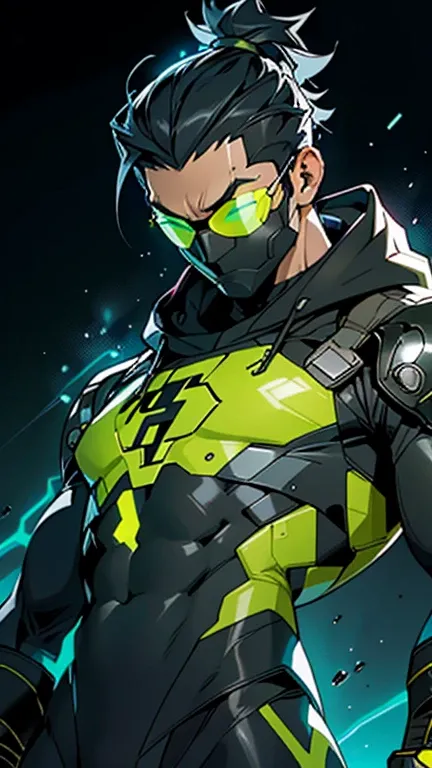 Superhero, athletic adult male, full body, wearing a black technological fabric suit with textured panels and neon yellow light lines running through the body, highlighting his musculature. The hood covers part of his face, and a black mask with an angular...