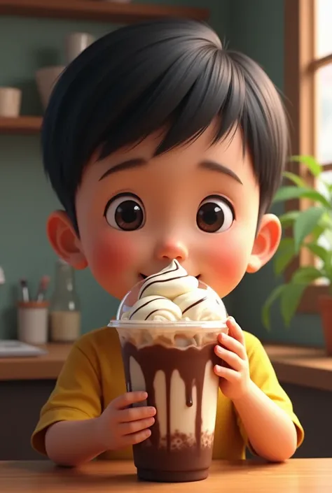 Make me realistic image of an Indonesian boy drinking chocolate cheese smoothies with ice cream with ice and make it in plastic cup