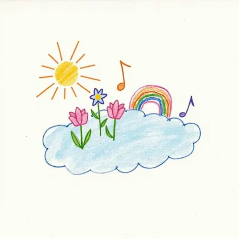 A s drawing of a stylized cloud, positioned in the upper left quadrant of the image.  Inside the cloud, a simple sun, a rainbow, several small flowers (pink tulips and light blue/purple blossoms), and a musical note are depicted.  The cloud, flowers, sun, ...