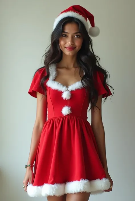 A photorealistic full body photo of a 24 year-old Indian girl with enchanting clear black eyes and a style pose showcasing her cute nose and small pink lips. and little chubby ,wearing a full santa claus Christmas dress and posing style for photoshoot