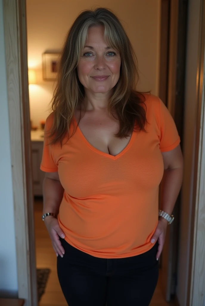  German 51 year old chubby mature woman ,  with flat stomach and chubby hips , very fair skin without makeup , straight long brown hair with gray roots ,  dominant naughty sexy look,  dressed in powerful orange purple t-shirt with lots of neckline, tight s...