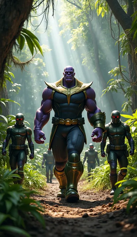 thanos and hydra walking side by side toward camera.in jungle