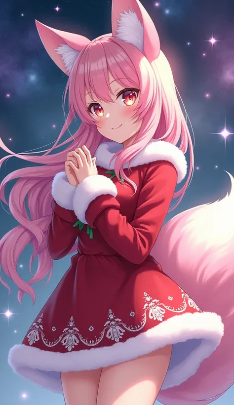 anime art style, female character, light pink long hair, peach color eyes, light pink fox ears and tail, wearing a santa claus custome, galaxy background