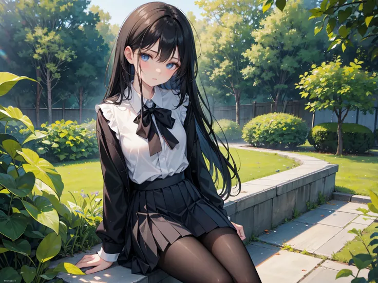  Long straight black hair , School Uniform,     blue eyes，  Black Leather Shoes  ，   black pleated skirt   ,    black pantyhose ,   Black Leather Shoes  ,    Sit in a leather chair  ，Lean Back ，  charming posture  , spread his legs, Lower body，HEALTHY SKIN...