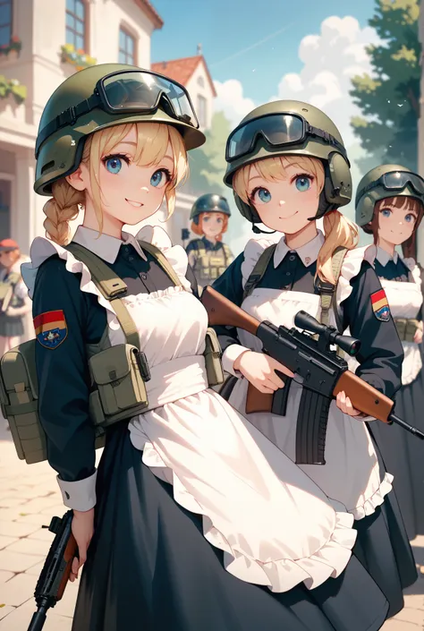 3+ girls, maid, tactical vest, german helmet, rifle, cute smile, cuvy and tall body, High Resolution, Masterpiece, Best Quality, 