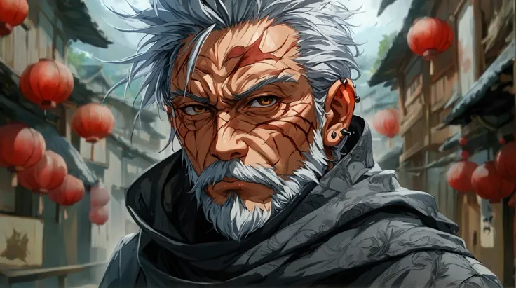 Old man, graying black hair, scars on the body, dark brown eyes, piercing and intimidating gaze, cut scars on the body and face, wearing a gray overcoat and standard jounin uniform underneath, konoha bandana on the boat, ninja village background, "Anime de...