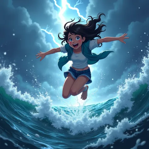 An animated teenager girl jump into sea and thunder Strom background