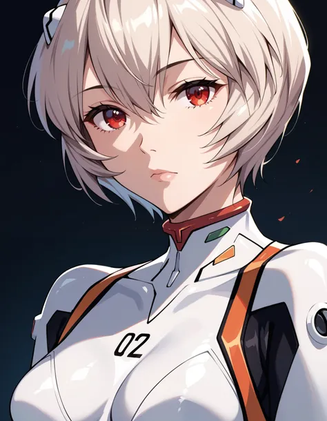 score_9, score_8_up, score_7_up, score_6_up, score_ANIME, looking at viewer, 1girl, ayanami rei ( neon genesis evangelion), expressionless, red eyes, (number 00 on chest), medium breasts, close up, white bodysuit,