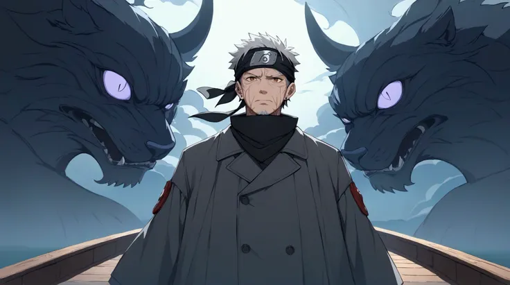 an old man, graying black hair, scars on the body, dark brown eyes, piercing and intimidating gaze, cut scars on the body and face, wearing a gray overcoat and standard jounin uniform underneath, konoha bandana on the boat, ninja village background, "Anime...