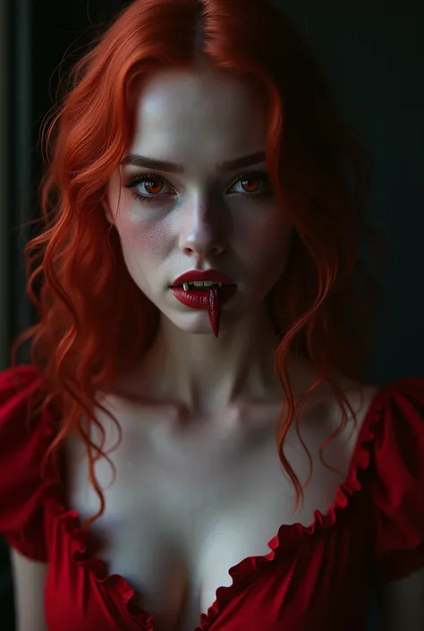 A red-haired, red-eyed young woman with vampire fangs, pale face and red dress.