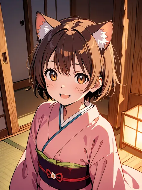 A girl in a kimono，Cat ears，Brown short hair，