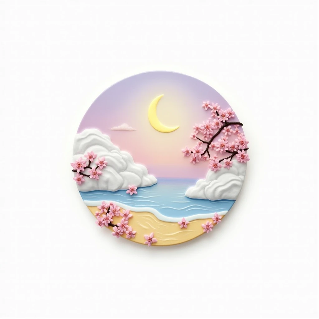 A pastel-colored painting or artwork.  A crescent moon, center-top, is a light yellowish-gold, against a light purple-lavender background.  Soft, textured, white and pastel-pink clouds surround the moon. Delicate, pink cherry blossoms are delicately hand-p...