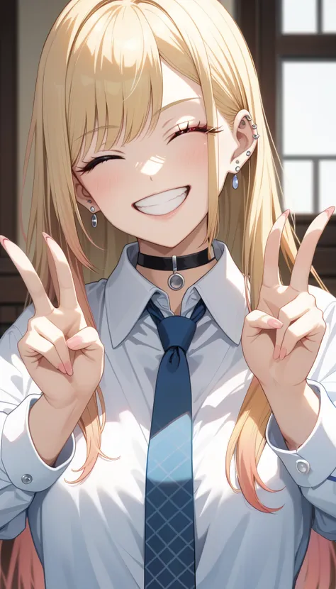 score_9, score_8_up, score_7_up, intricate details,
1girl, kitagawa marin, sono bisque doll wa koi wo suru, blonde hair, red eyes, ear piercing, barbell piercing, black choker, collared shirt, white shirt, earrings, blue necktie, wink, grin, double v gestu...