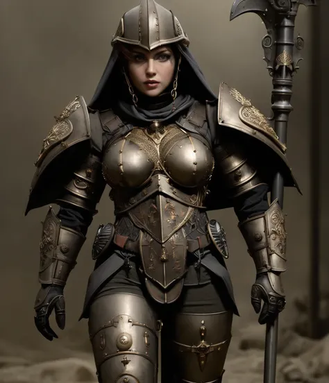 An extremely detailed hyper realistic photo depicting a woman who appears to be a mix between a nun and armored warrior and a wwi soldier wearing a fusion of medieval and wwi era armor with religious iconography and intricate scrollwork in metallic accents...