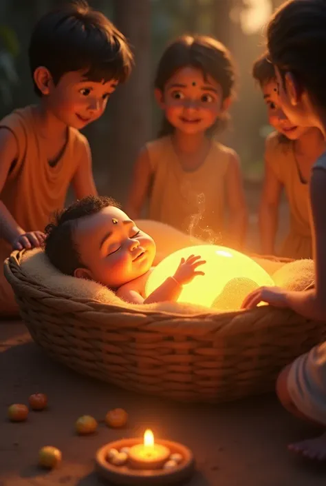 "A magical 3D animated scene of a glowing newborn baby lying peacefully in a cradle. The baby radiates a soft golden light, symbolizing divinity. The sacred ashes (bhbhuti) nearby emit a faint glow. Villagers and family members kneel around the cradle, the...