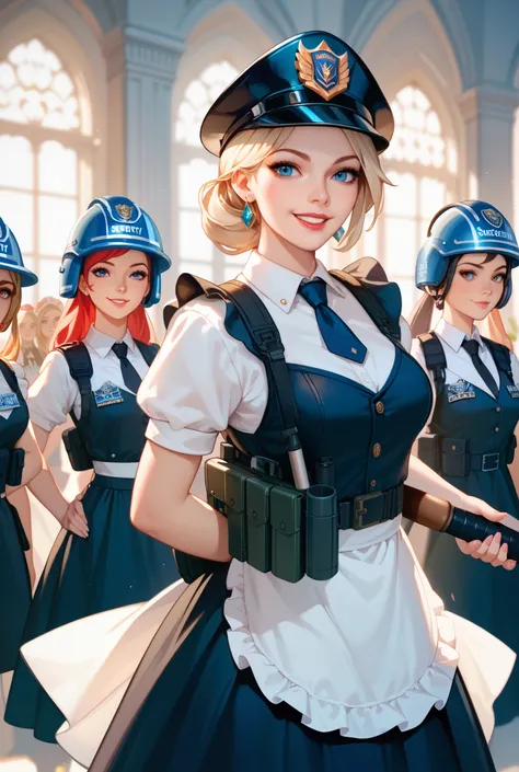 3+ girls, maid, tactical vest, security helmet, baton, elegant smile, cuvy body, riot shield, High Resolution, Masterpiece, Best Quality, 