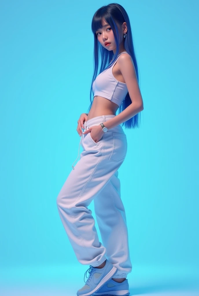 A realistic virtual kpop 20 years old girl in straight blue and black mixed hair,  wearing white fancy crop top, white loosed cargo pants, blue shoes, silver accessories,  r standing right corner side position straig by holdeng her waist like model neon bl...