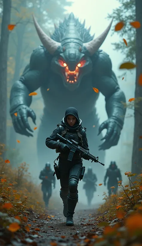 
A 17-year-old cyberpunk female soldier runs forward in a cyberpunk combat suit and is about to fire a high-tech rifle right in front of her. Cyberpunk equipment glows in places, a forested mountainous area, and a large magical beast with luminous organs. ...