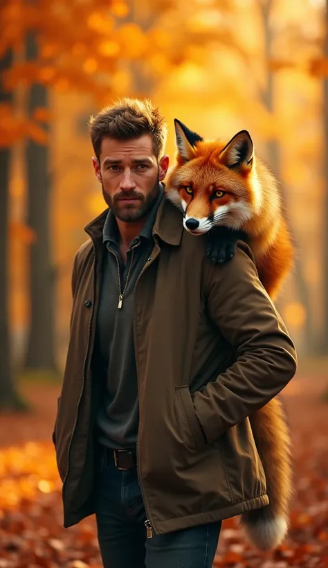 a determined man carrying a vibrant red fox on his shoulders, standing in a golden autumn forest with leaves falling gently around, warm sunlight filtering through the trees, hyperrealistic textures, sharp focus on the subject, detailed fur on the fox with...