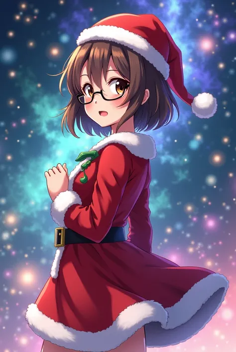 anime art style, female character, brown semi short hair, brown color eyes, wearing glasses, wearing a santa claus custome, galaxy background