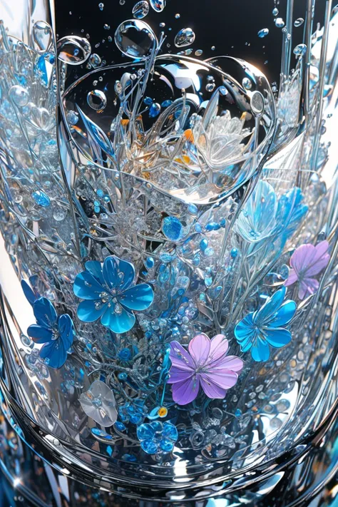 Super detailed, 8K, glass, Water in a glass, Glass flowers, bubble, Right blue water, nice, bright