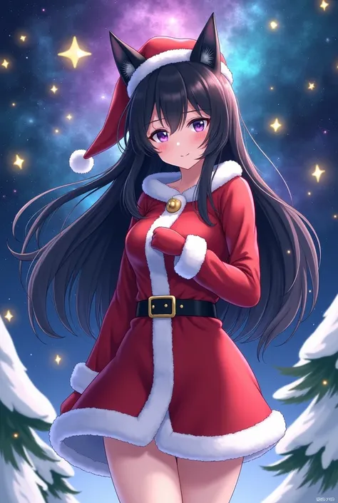 anime art style, female character, black long hair, dark purple color eyes, black cat ears, wearing a santa claus custome, galaxy background