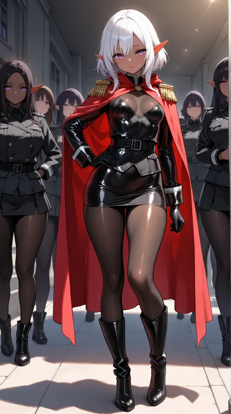  Young Beautiful Dark Elf Women ,(masterpiece, top quality , very detailed depiction, incredibly absurd high definition ,Curvaceous Body),(female cavalry officer , black latex military uniform with epaulettes, tight skirt , red cloak:1.3, bodystocking , bl...