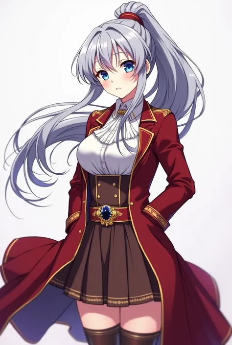 "A Japanese anime-style illustration of a 16-year-old girl in a modern isekai fantasy world, wearing a fantasy-inspired academy uniform. She has long, flowing silver-gray hair tied into a high ponytail that cascades elegantly down her back, with soft stran...