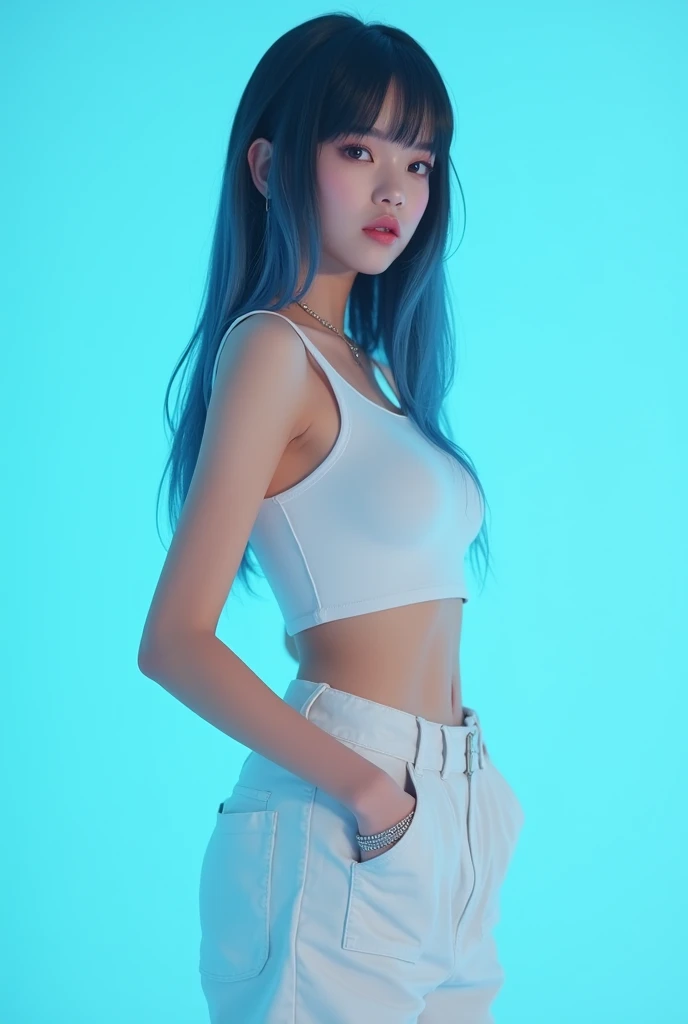 A realistic virtual kpop 20 years old girl in straight blue and black mixed hair, long face, thin lips,  wearing white fancy crop top, white loosed cargo pants, silver accessories,  r standing in sligtly right position straig by holdeng her waist like mode...