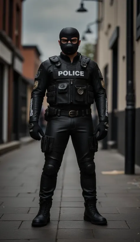 一個肌肉發達的成年男性的Full body image。 Mens Wear Police Tactical Clothing Tactical Equipment Police Tactical Unit，PTU 黑色皮革Full body image、 mask and mask . Wearing Police Leather Jacket ，leggings. Tactical boots.Leather Suitable for Full Body Coverage 。  smooth leath...