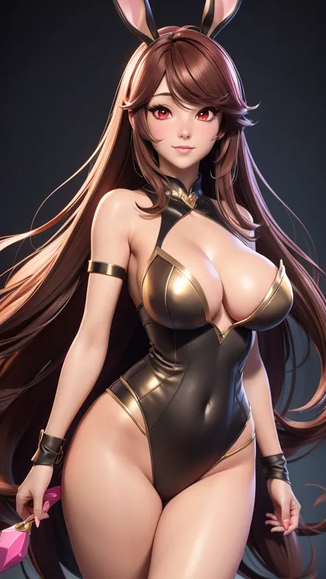 Masterpiece, 3D rendering, best quality, 3DMM style, close-up shooting, golden bunny ears, pink-red eyes, dark brown hair, all black outfit with gold frame for mobile game, big breasted bunny girl, realistic sweet bunny girl fantasy art, digital art with c...