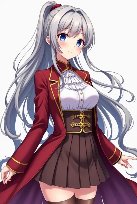 "A Japanese anime-style illustration of a 16-year-old girl in a modern isekai fantasy world, wearing a fantasy-inspired academy uniform. She has long, flowing silver-gray hair tied into a high ponytail that cascades elegantly down her back, with soft stran...