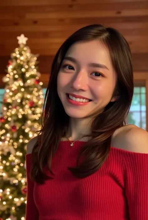 In a charming wooden cottage, bathed in the soft glow of a cozy fireplace, a girl stands with a radiant smile, her slender figure accentuated by an off-shoulder red Christmas sweater. Her beautiful face, illuminated by gentle lighting, exudes warmth and jo...