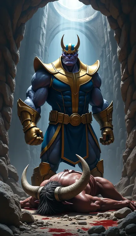 "The Minotaur lies defeated, its horns shattered and chest bloodied. Thanos grips one of its horns in his hand, his gaze piercing the darkness of the labyrinth."
