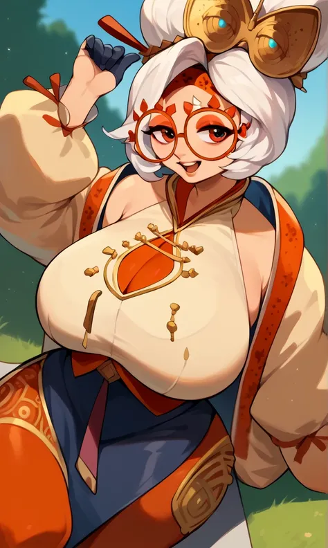 score_9, score_8_up, score_7_up, score_6_up, score_5_up, score_4_up, (source_anime), purah,
1girl,  huge breasts, narrow waist, thick thighs,  hair ornament, red headband, red glasses, sleeveless shirt, white coat, black skirt, red leggings, gloves, high h...