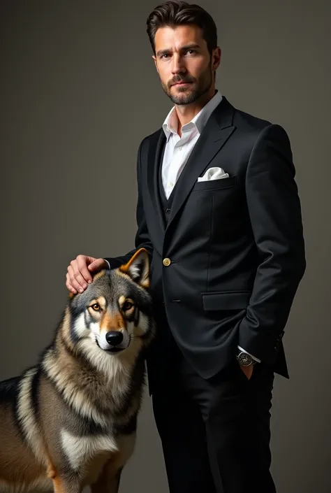 man,  in classic clothes stroking a wolf , a man should look at the camera .  In the photo, the man must be full length