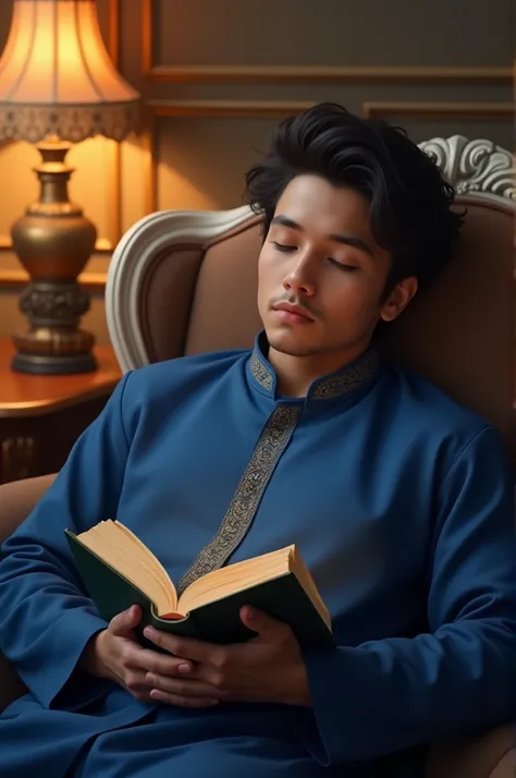 A serene and elegant image featuring a young man peacefully sleeping while holding the Quran in his hands. The lighting is warm and soft, creating a calming and relaxing atmosphere. The background includes an antique-style sofa and a classical lamp. The ma...