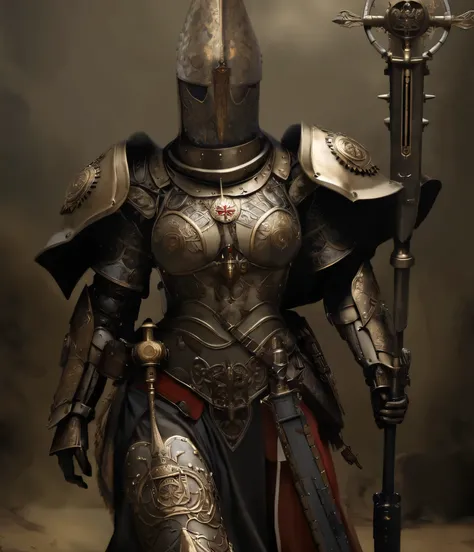 An extremely detailed hyper realistic photo depicting a woman who appears to be a mix between a nun and armored warrior and a wwi soldier wearing a fusion of medieval and wwi era armor with religious iconography and intricate scrollwork in metallic accents...