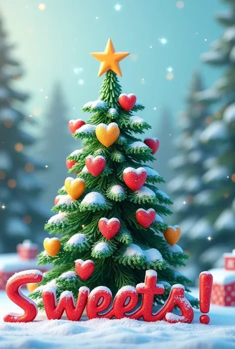 A snowy green Christmas tree Christmas card with candy shaped heart with 3D words Merry Christmas Sweets!