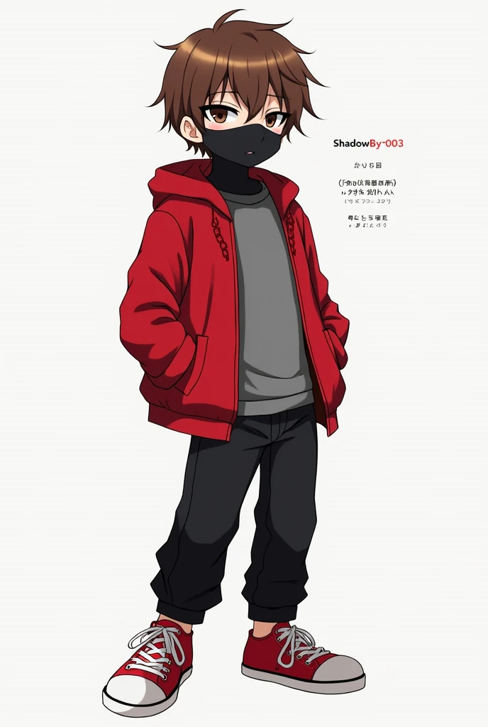 creates a 1152x2048 px photo with an image of an anime-type boy with brown hair, a black mask, with a red jacket over a gray shirt, with black pants and red tennis shoes and with a text that says ShadowBy03