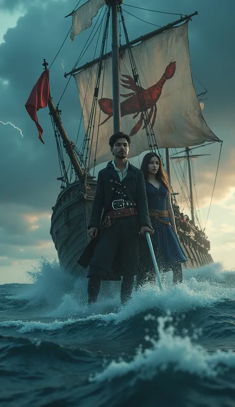 cinematic picture. 
 A pirate ship with a large weathered lobster pictorial flag equipped with cannons and navigational tools was located in the middle of the huge ocean waves .  In the middle of the ship stands a handsome Indonesian man wearing elegant pi...