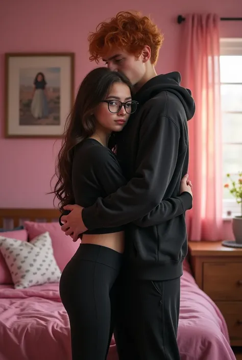 Rear view, whole body, full length portrait, a petite young teenage girl, dark brown hair, 15yo, oversized glasses, shapely body, wearing tight black leggings and crop top, in her teenager’s pink bedroom, being hugged by her much older ginger brother weari...