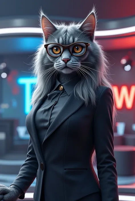 News anchor, a human-like gray cat, beautiful with long hair, gray hair, glasses, wearing a news anchor outfit, super detailed, super realistic, set in a futuristic news studio with the words Tania Studio News written behind her in contrasting peacock colo...