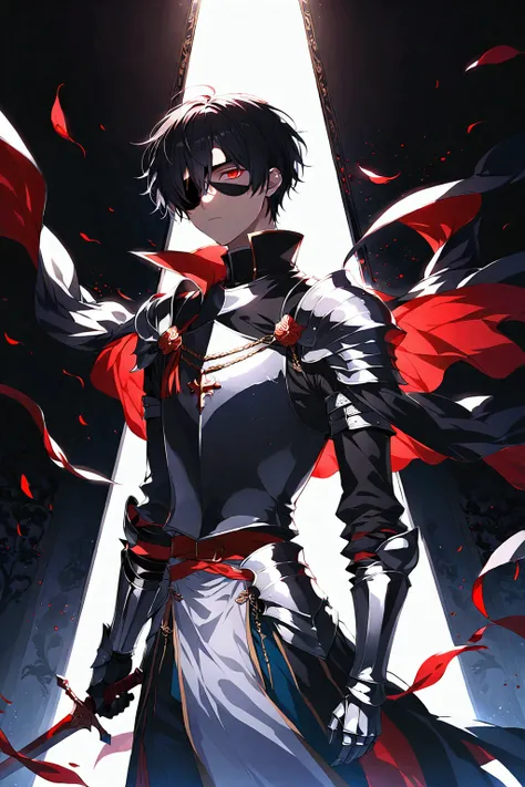 Illustration, top quality, pixiv illustration, very detailed animation, (alone) (male), left eye patch, black hair, short hair, red eyes, knight, dark and quiet room, black clothes, dramatic lighting