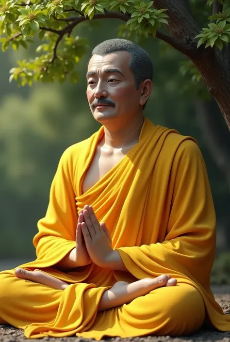 Buddha, clad in yellow cloth, sitting under a tree, manly face but no mustache, body in high definition HD, focus on fingers and slightly bulky, visible like most real Manuits fingers.