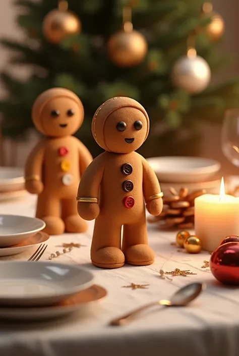  Christmas humanoid ginger cookies standing、The buttons are marble chocolate yellow and red 、 background is a Christmas dining table