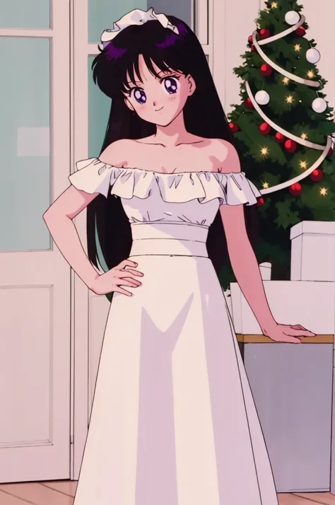 (retro anime girl:1.2), (white dress:1.1), (masterpiece:1.2), (best quality), (ultra detailed), (8k,4k), (half body:1.2), (cowboy:1.2), (close up:1.2), (highly detailed:1.2), (Ruffle Off-the-shoulder top:1.4), (Maxi skirt:1.4), Rei Hino, 1 girl, solo, Best...