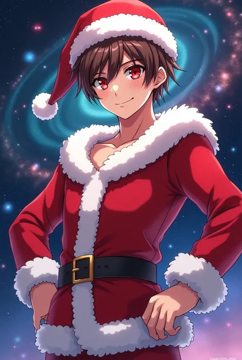 anime art style, male character, brown hair, red eyes, wearing a santa claus custome, confident expression, galaxy background