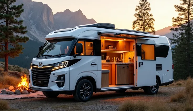 "A fully-restored and modernized Toyota Sunrader motorhome set in a picturesque mountain campsite. The exterior features a glossy white fiberglass shell with sleek black accents and solar panels on the roof. Inside, the motorhome showcases a compact yet lu...