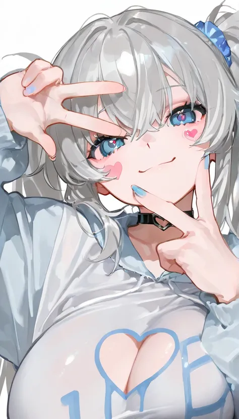 (masterpiece,  top quality ),      1 girl,  heart face mark   ,  v over eye     ,,   smile、     raise your hand, fingertip 、  Cheek stickers、very huge big boobs、Gray Hair、 twin tails、 blue eyes、